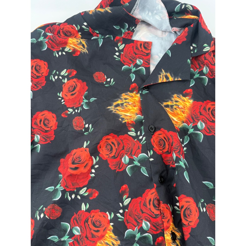 SHEIN Teen Boys Rose and Fire Flame Print Button Down Shirt Black Size 16Y